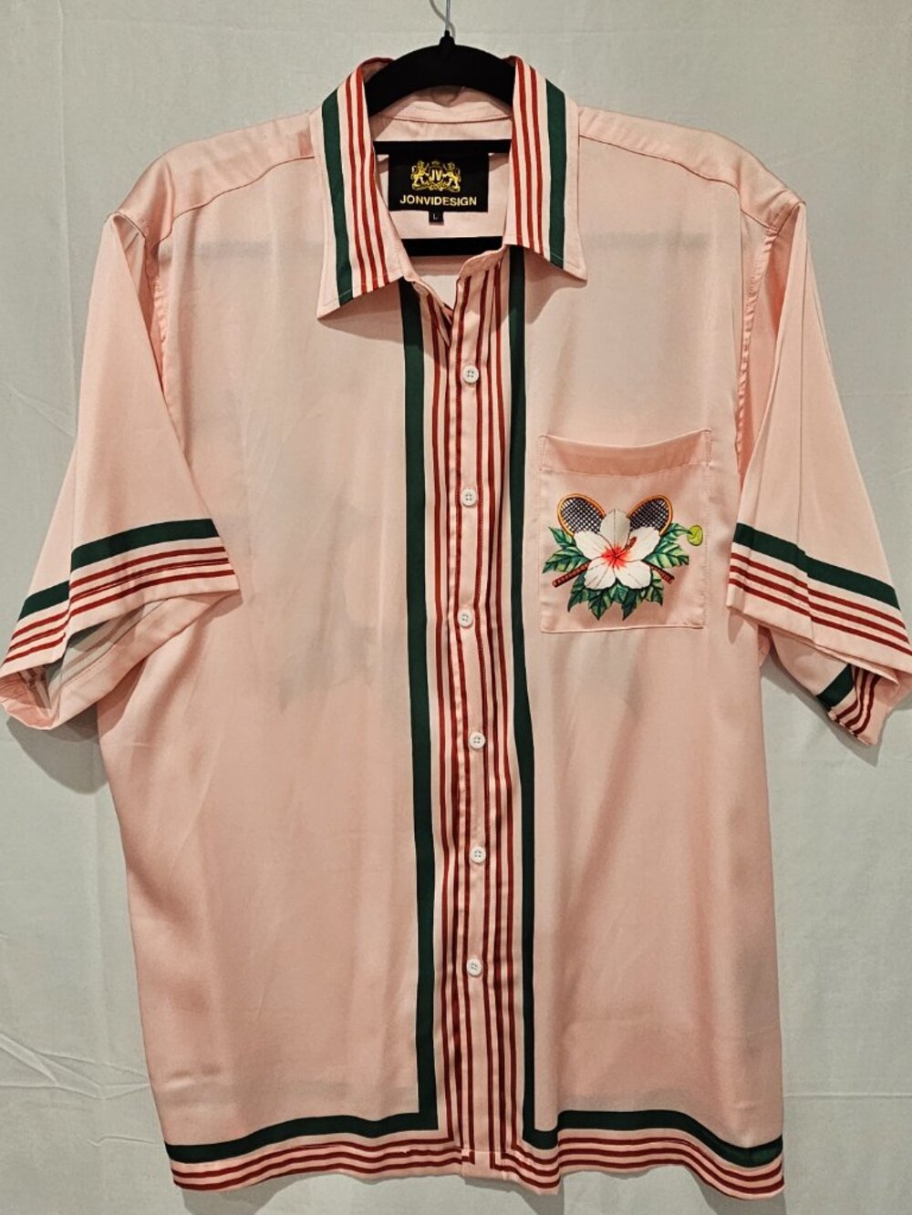 Jonvidesign Men's L Pink Floral Shirt Silky Lightweight Short Sleeve Button Up